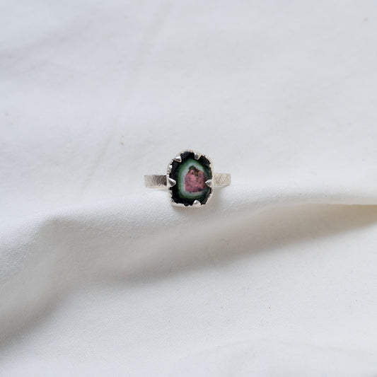 Organically shaped watermelon tourmaline silver ring