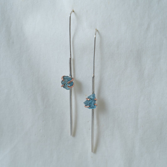 Silver and Copper statement line earrings set with raw aquamarines