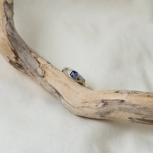 Iolite (cordierite) silver signet ring