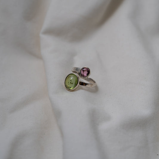 Double tourmaline gemstone silver ring