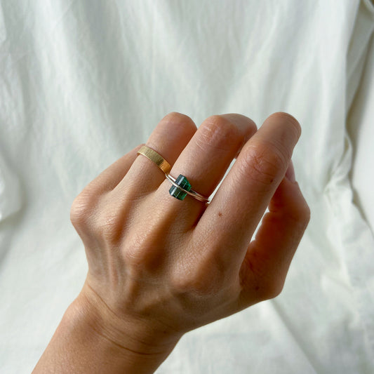 Raw green tourmaline, bohemian silver ring